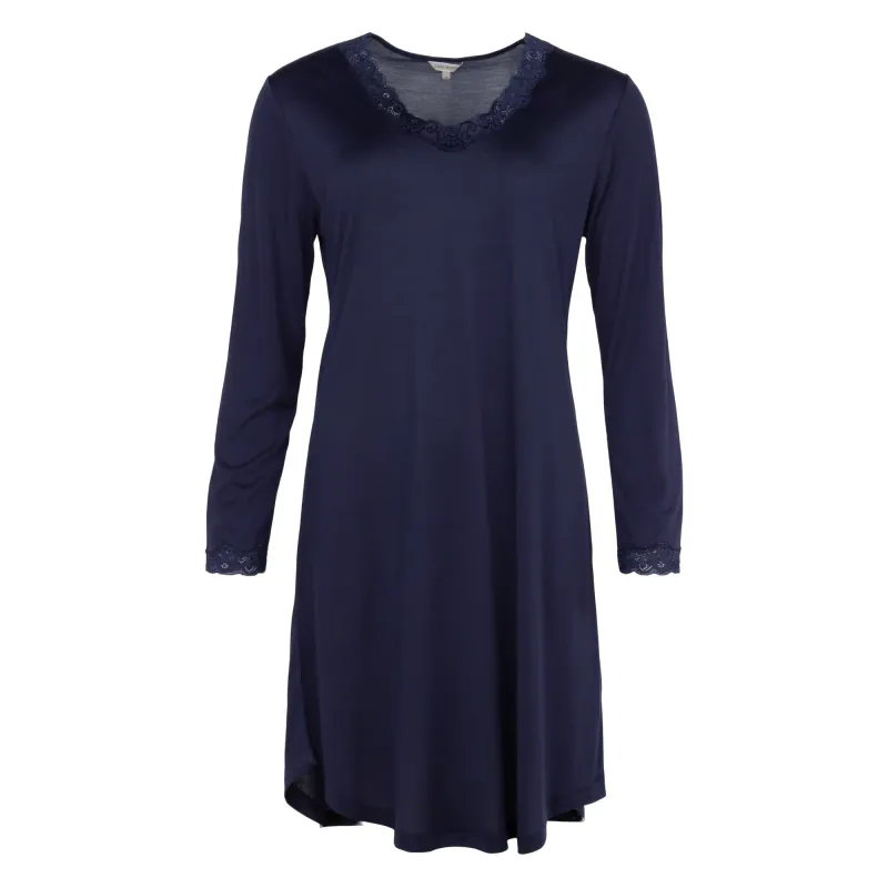 Lady Avenue Strikket Silke Nattkjole Lang Arm Indigo